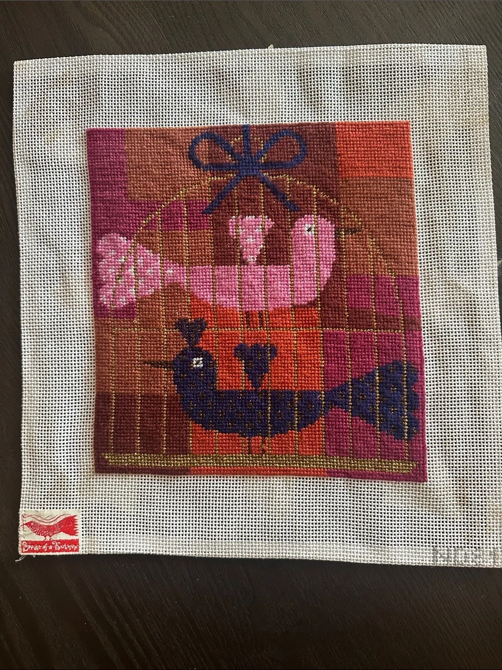 Hand-stitched Pink & Navy Bird Needlepoint Canvas - birds of a feathers